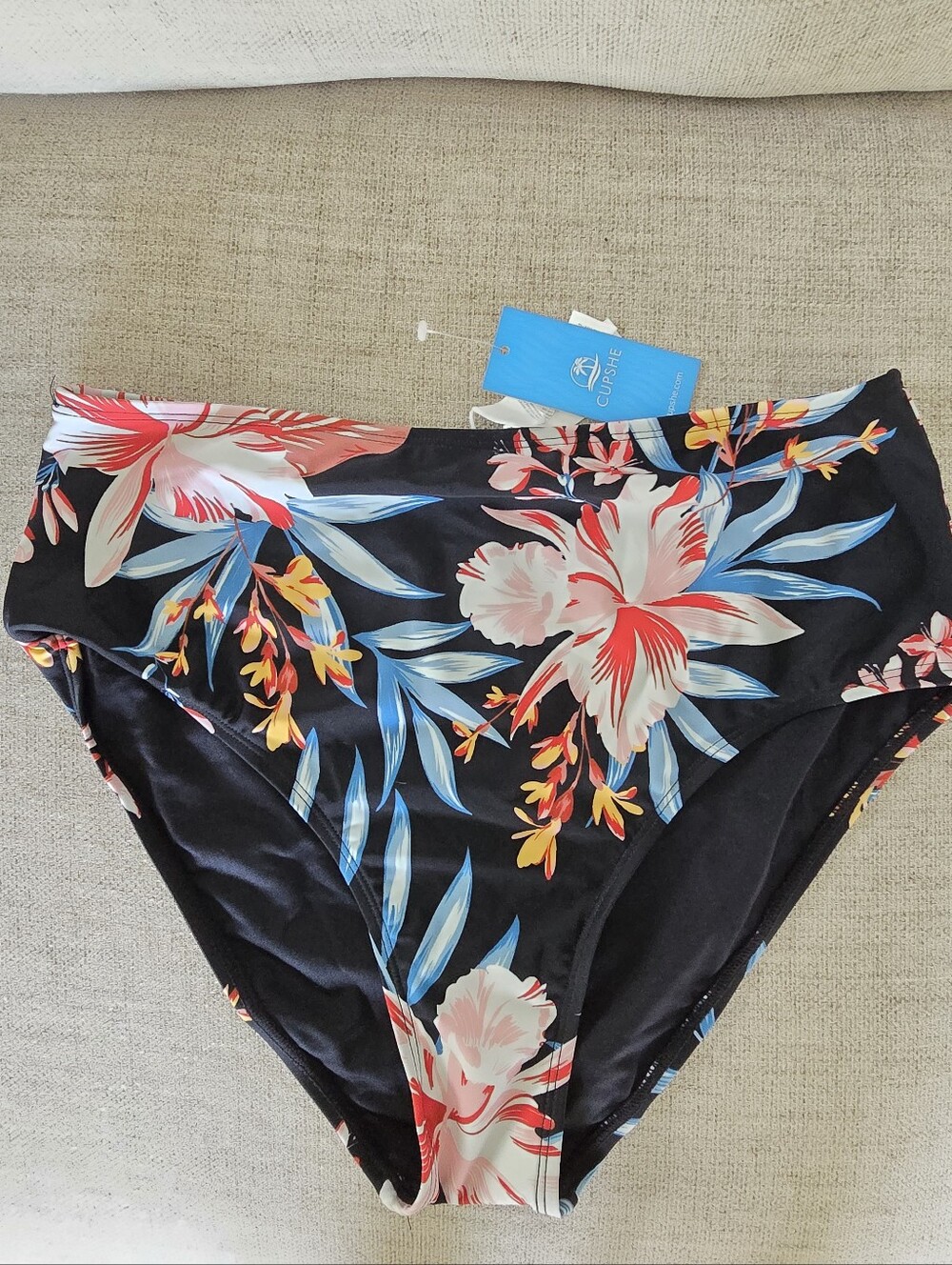 Cupshe High-Waist Floral Bikini Bottoms - Black with Tropical Floral Print